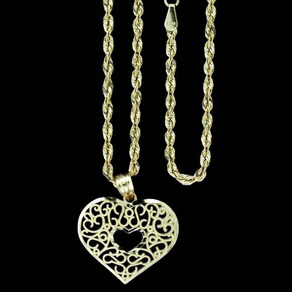 JewelzKing Jewelry - 10K Real Gold Rope Chain and Diamond Cut Heart Pendant Set